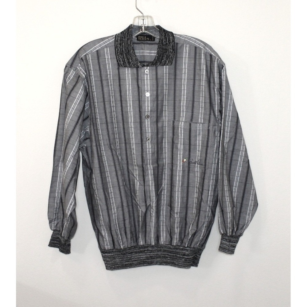 VTG Arnold Palmer golf shirt Large gray striped long sleeve knit hem Japan